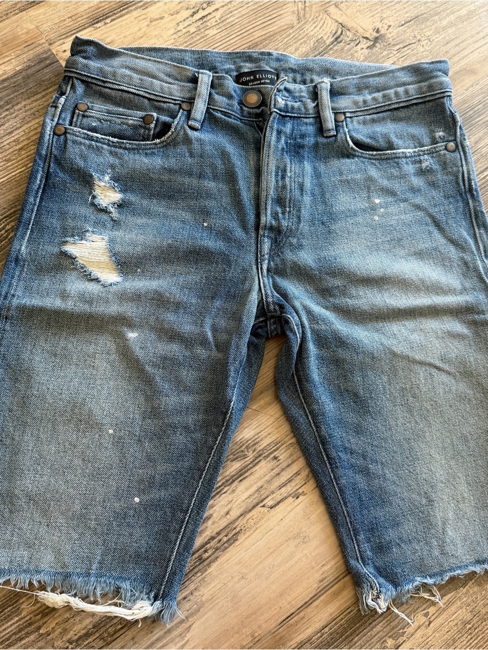 John Elliott Blue Distressed Denim Shorts